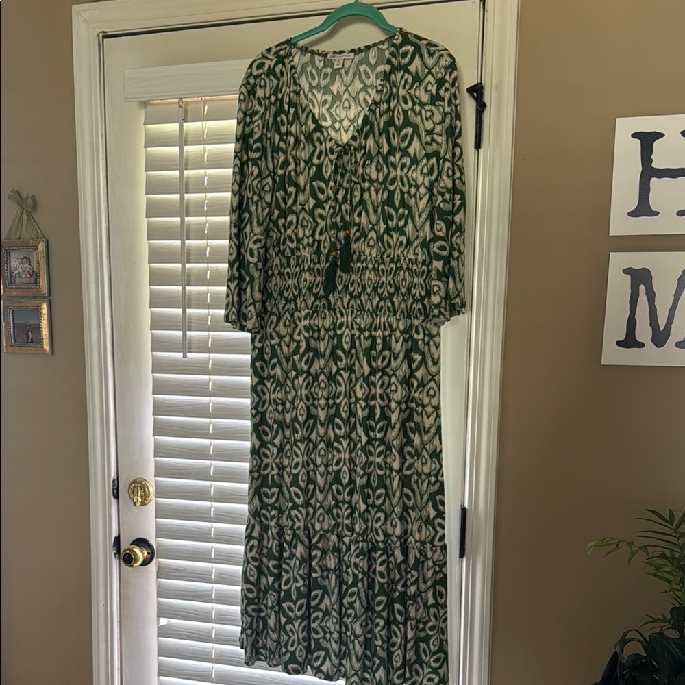 Green and White Pleated Sundress with Bishop Sleeves